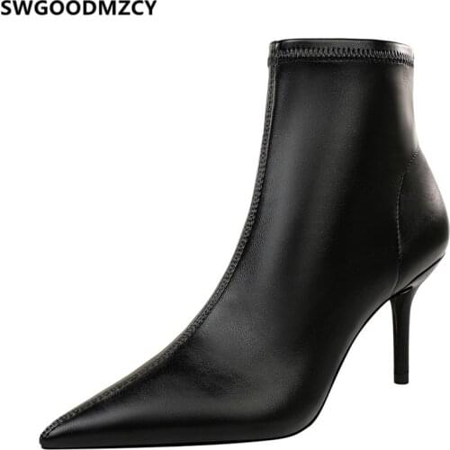 Leather Boots Women Black High Heel Boots 2020 Stiletto Heels Women Ankle Boots Big Tree Shoes Sexy Heels Fashion Shoes 2020