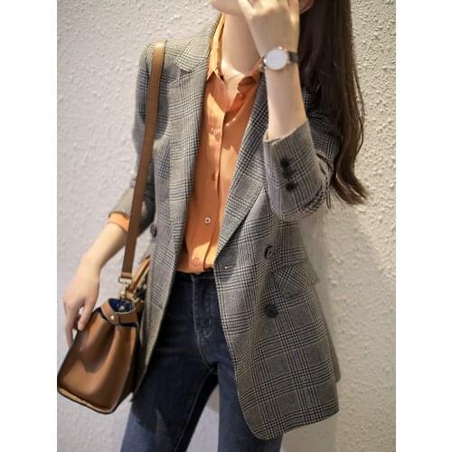 New Plaid Blazer Femme Double Breasted Suit Blazer for Women 2021 Oversized Vintage Americana Mujer Outwear