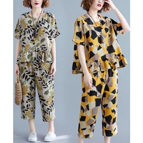Casual Suit Womens Set 2021 New Summer Clothes for Women Printing Top and Cropped Harem Pants Suits Two-piece Sets Outfits Y735