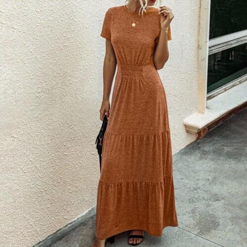 Women Summer Dress Ruffle Tight Waist Long Length Ladies Short Sleeve Long Length Casual Pleated Elegant Maxi Dress Beach