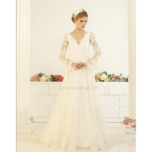 Free shipping new fashion 2016 elegant vintage finished tulle v-neck white long sleeve lace backless wedding dresses brida gowns