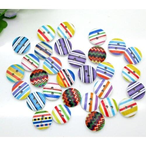 100Pcs 13mm Mixed Round Stripe Wooden Buttons For Clothes Crafts Sewing Decorative Needlework Scrapbooking DIY Accessories