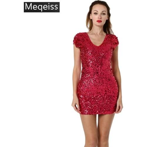 2019 New Summer Sequin Dress Womens Sexy Deep V-Neck Bodycon Stretchy Mini Party Dress Short sleeve Glitter Nightout Club Dress