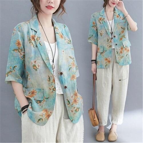 2021 Summer Fashion New Plus Size Women Clothing Loose And Comfortable Light Cotton And Linen Floral Suit Coat Trendy H038