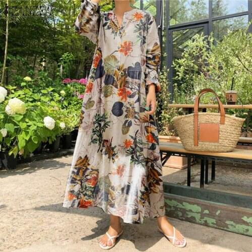 2021 ZANZEA Women Vintage Floral Dress Spring Autumn Long Sleeve Sundress Casual Robe Plus Size Casual Vestidos S-5XL