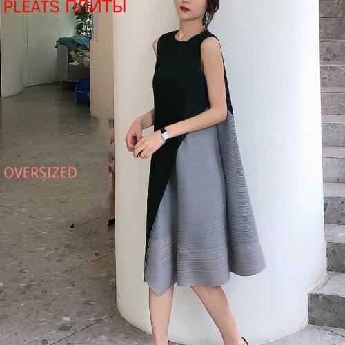 Irregular Miyake Pleated Dress Sleeveless Womens Summer 2021 New Loose Thin A-line Mid-length Dress Elegant Pleats Vestido