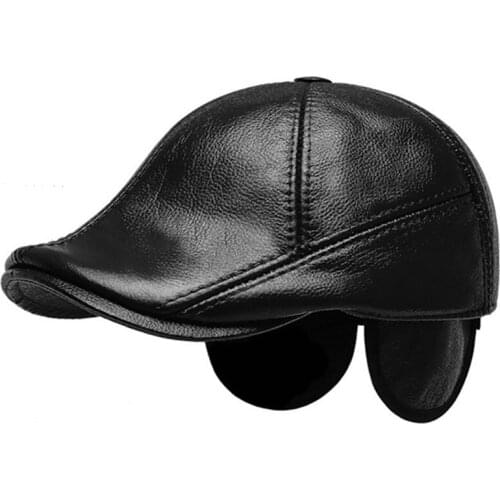 Winter New Earmuffs Hats For Men Natural Genuine Leather Cap First Layer Cowhide Warm Berets Adjustable Size Dads Brands Caps