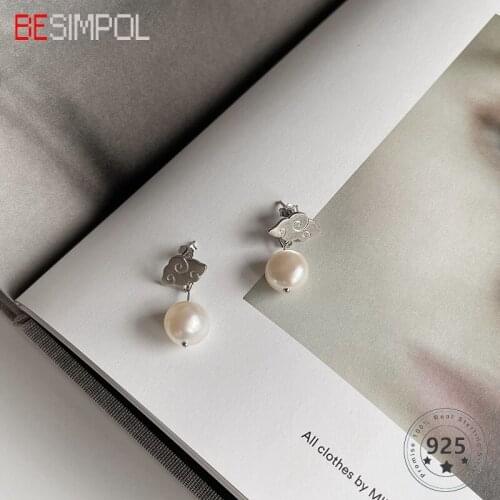 Besimpol Asymmetric Real 925 Sterling Silver Stud Earrings Auspicious Clouds Pearl Earrings For Women Fine Jewelry Party Gifts