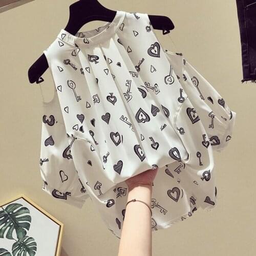 Womens Spring Summer Chiffon Blouses Shirt Womens Elegant Printed Off Shoulder O-neck Short Sleeve Korean Tops SP183