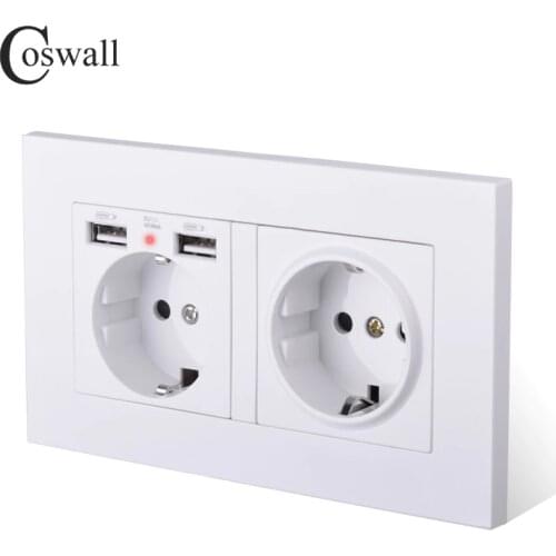 COSWALL 2 Gang Russia Spain EU Standard Wall Socket With 2 USB Charge Port Hidden Soft LED Indicator PC Panel Black White Grey