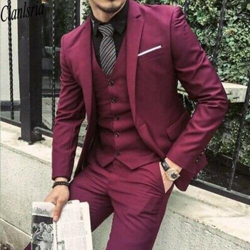 2021 Burgundy Men Suit Set Peak Lapel Blazer Men Suits Wedding Prom Groom Tuxedos Casual Jacket Pants Vest 3 Piece