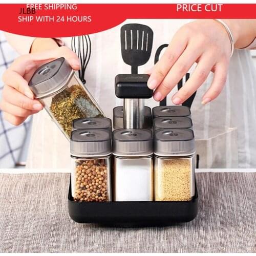 Kitchen Jars For Spices Rotating Glass Cruet Seasoning Jar Set BBQ Pepper Salt Shakers Paprika Bottle Kitchen Storage Rack Jar