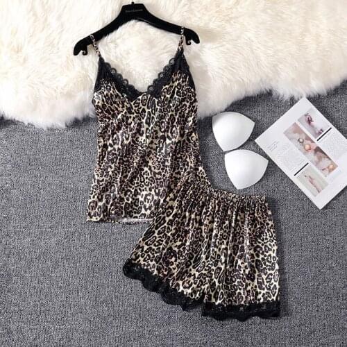 Summer Tops Ice Silk Baldric T Shirt Women Chest Cushion Leopard Sexy Women Shorts Suit Two Piece Home Clothes Slim