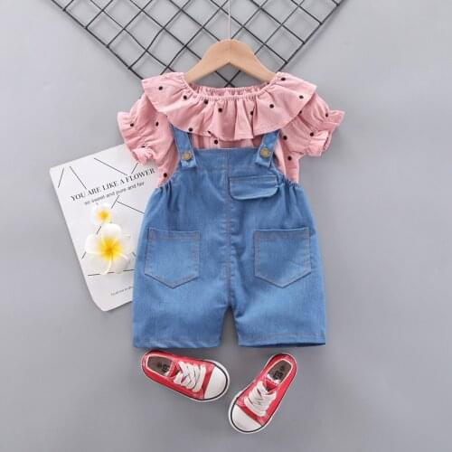 Summer Children Clothing Baby Girl Suits Dots Pattern Outfit For Kids Clothes Sets Denim Overalls 2-Piece Sets For Baby Clothes