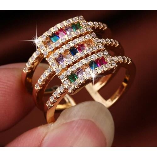 Lingmei Wholesale New Fashion White Red Blue Zircon Yellow Gold Color Ring Size 6 7 8 9 Wedding Gifts Christmas Jewelry
