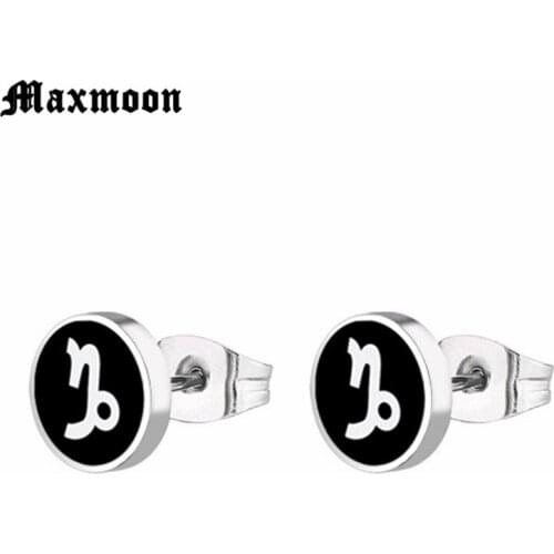 Maxmoon Black Silver Color Tone Stainless Steel Capricorn Stud Earrings for Women Men Party Jewelry
