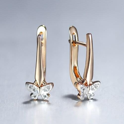 Cute Butterfly Drop Dangle Earrings for Women Girls CZ Rhinestone Paved Elegant 585 Rose Gold Earrings Jewelry Gift HGE346