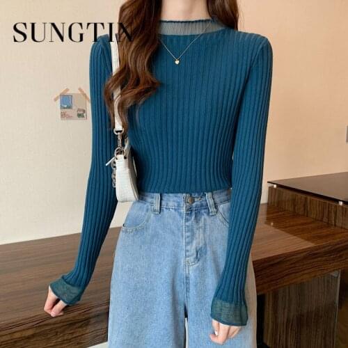 Sungtin Fashion Splicing Knitted Sweater Slim Women Korean Style Solid Soft Pullover 2021 Autumn Winter Base Warm Jumper Femme