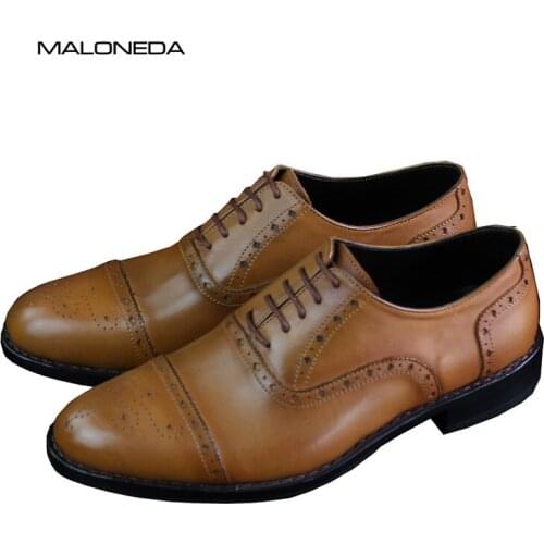 MALONEDA Handmade Mens Brogue Leather Shoes Fashion Oxfords Genuine Leather Formal Dress Shoes With Goodyear Welted