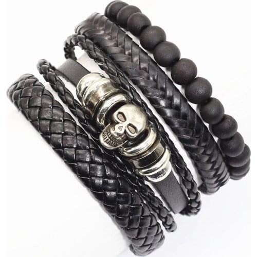 New Punk Vintage Feather Skull Charm Weave Beads Leather Men Bracelets Women Femme Homme Male Jewelry 4 Pcs/set Free Shipping