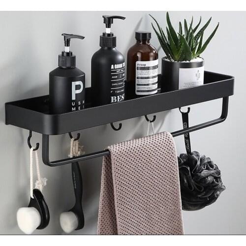 Bathroom Shelf Rack With Hook Wall Mounted Bath Towel Bar Holder Single Tier Rack Shampoo Storage Shelves Bathroom Accessories