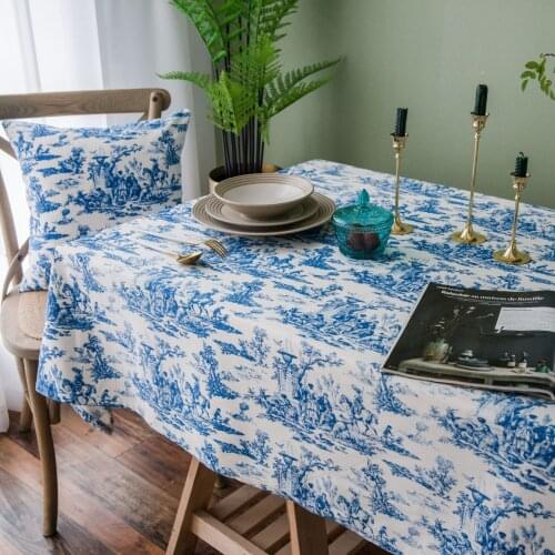 Retro Blue Printed Ink Tablecloth Multipurpose Picnic Cloth Coffee Shop Dining Table Decoratiive Background Cloths