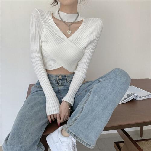 Woman Sweaters Pullover Long Sleeve V-neck Halter Knitwear Autumn Top Femme Chandails
