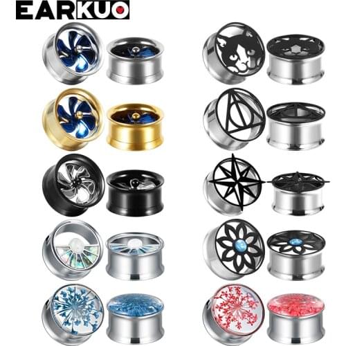 EARKUO Top Quality Stainless Steel Flower Fan Shape Ear Gauges Stretchers Expanders Body Piercing Jewelry Ear Tunnels Plugs