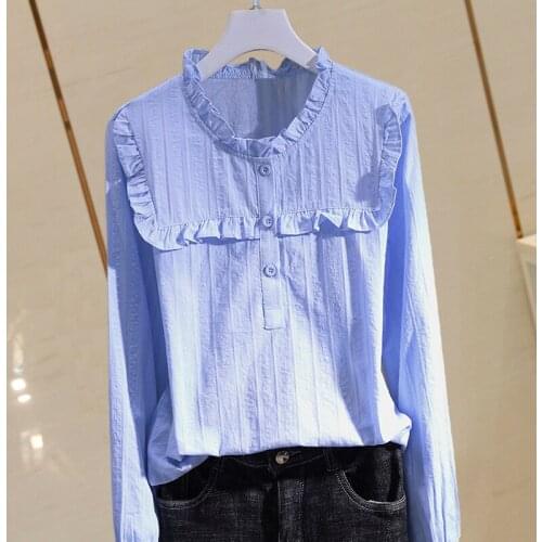 Fashion Design Cotton 100% Women Shirts Summer New 2021 Ruffles Neck Long-Sleeved Solid Elegant Office Lady Outwear Tops