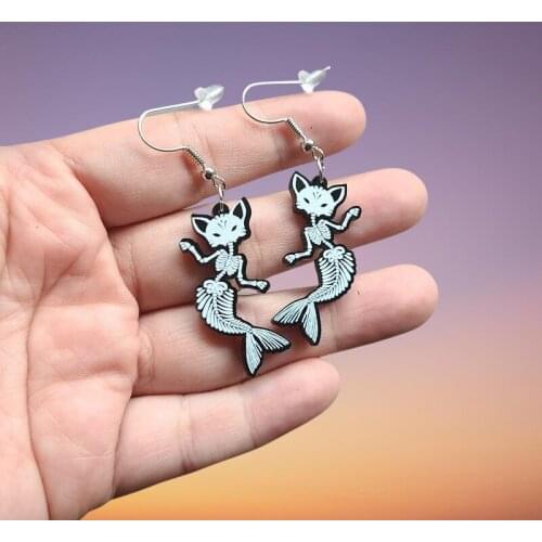 Halloween Skull Black Cat Mermaid Bones Earrings for Women Acrylic Fish Tail Dangle Earrings Goth Punk Jewelry Accessories New