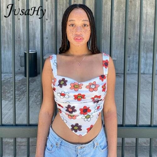 JuSaHy Flower Pattern Print Cropped Tank Top Girls Harajuki Style Summer Fashion Fairy Sexy Club Party Backless Sleeveless Tops