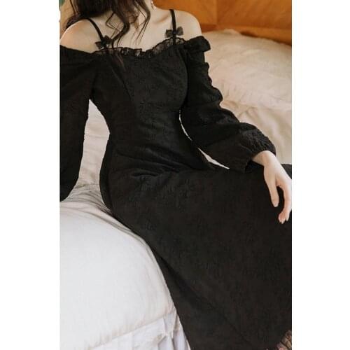 Korean Fashion Black Jacquard Chic Dress Vintage Slash Neck Bow Long Sleeve Elegant Lady Dresses Vestido Negro Robe Autumn