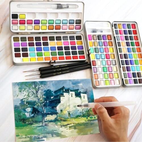 1 set 72Color Solid Watercolor Paint Set Basis color and Pearl Metallic Watercolor Portable Tin Box Pigment for Drawing Art