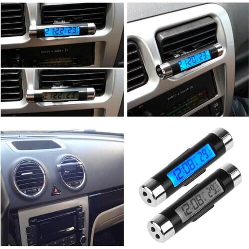 2 in 1 Car Auto Thermometer Clock Calendar LCD Digital Display Screen Clip-on Digital Blue Back Light Automotive Accessories