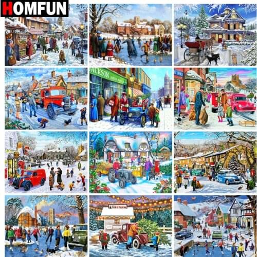 HOMFUN 5D Diy Diamond Painting Cross Stitch "Christmas house people" Home Decor Full Rhinestones Inlay Diamond Embroidery