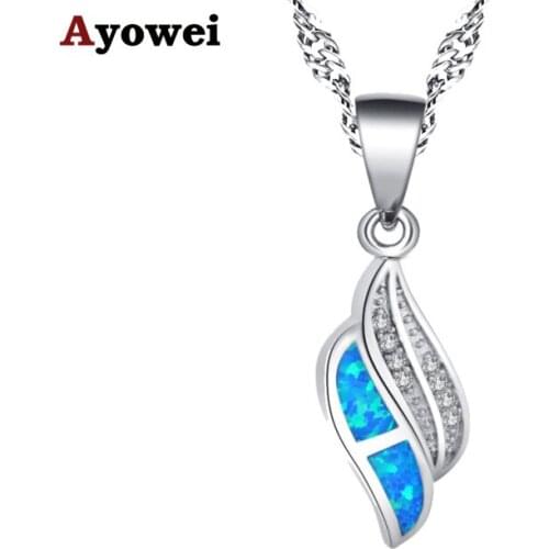Ayowei classic leaf shape silver plated stamped blue opal necklace pendant fashion new OP856A