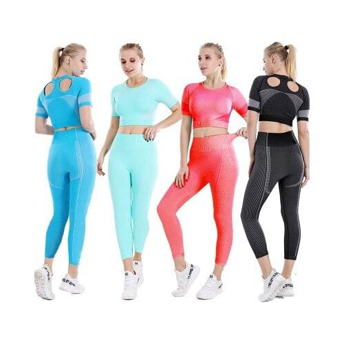 Seamless Yoga Set Women Fitness Clothing Workout Sportswear Gym Leggings Short Sleeve Crop Top Shirts 2Pcs Sports Suit