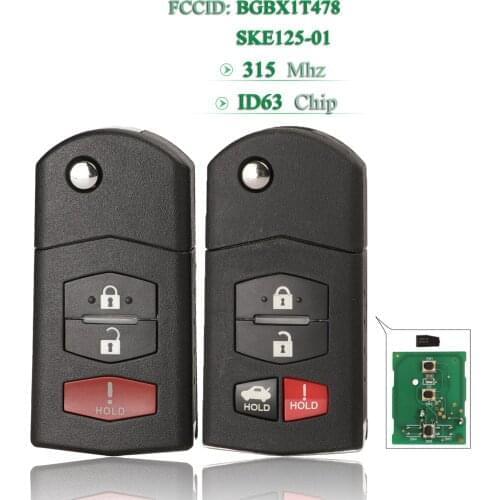 Bilchave 3/4 Buttons 315Mhz Filp Remote Car Key For Mazda 3 5 6 CX-7 CX-9 MX-5 Miata 4D63-80bit Chip BGBX1T478SKE125-01