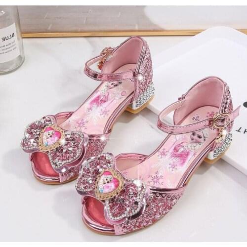 Disney Frozen 2 Elsa Princess Sandals With High Heel Fashion Girls Dress Shoes Summer Baby Soft Leather Beach Shoes