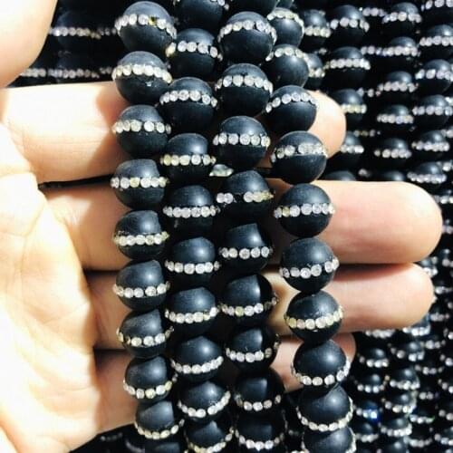 Natural Matte Black Agat e Onyx Bead With Water Crystal,10MM Round Gem Stone Loose Beads CZ Zircon Crystal Inlay,1str 37 beads