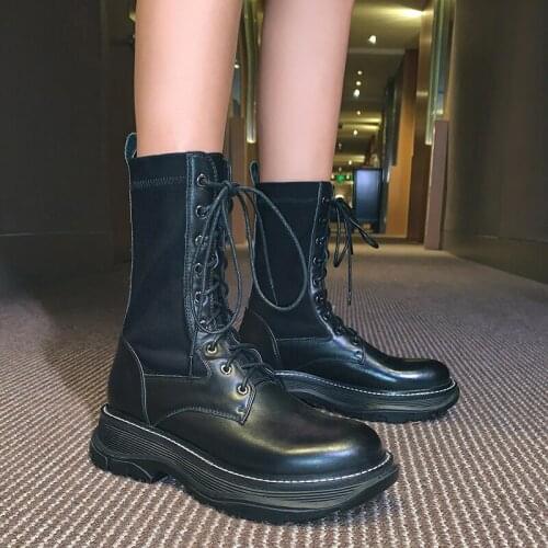 GUIDIBASICWomens Boots Waterproof Platform Boots Leather Ladies Mid-Tube Boots Stretch Boots British Style A04-Mumu666999-9083