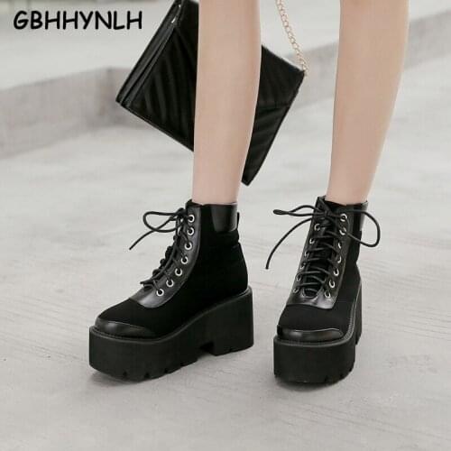 GBHHYNLH Autumn Boots Womens Chunky Wedge Platform Black Ankle Boots Punk Goth womens casual boots women shoes winter LJA888