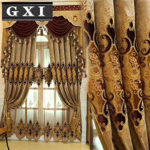 GXI Water Soluble Embroidery Curtains Tulle For Living Room Deluxe Brown Embroidered Villa Semi-Blackout Curtain Drapes