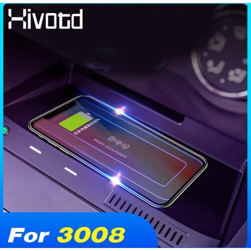 Hivotd 10W Car QI Wireless Charger Interior Accessories Parts Fast Charging Plate Panel Phone Holder For Peugeot 3008 2018-2021