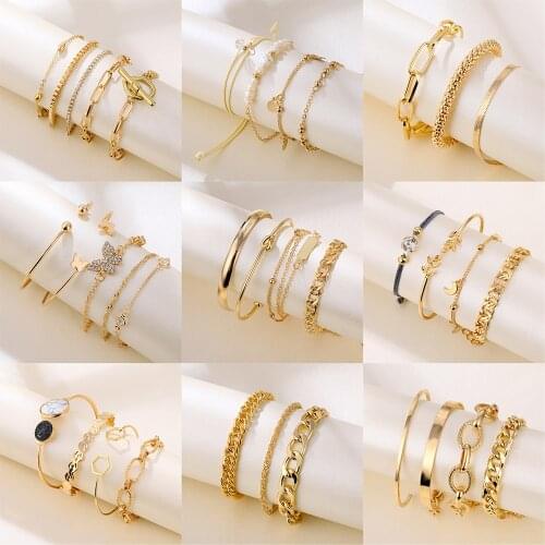 KISS WIFE Golden Metal Multilayerd Chain Bracelet For Women Bangle Fashion Crystal Bracelet Set 2021 Trend Jewelry Gifts