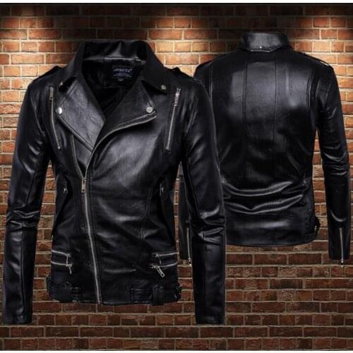 Multiple zipper motorcycle leather jacket men Large lapel short clothes mens leather jackets and coats biker punk rock black
