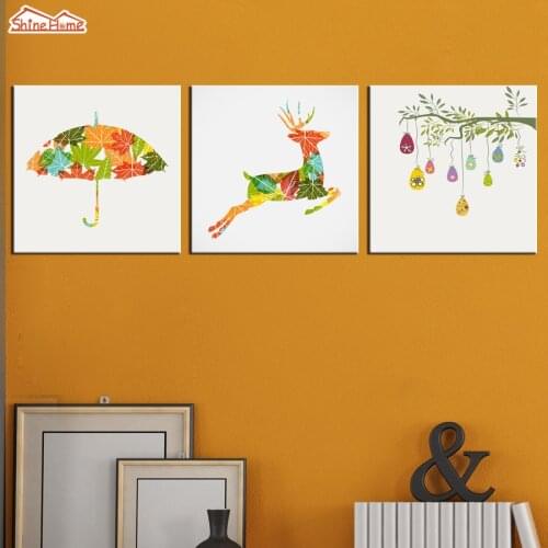 ShineHome-3pcs Canvas Prints Paintings Abstract Leaves Eggs Christmas Elk Nordic Style Wall Picture Posters for Kids Living Room