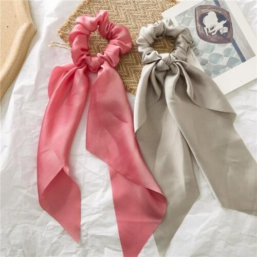 Solid Color Stain Hair Scarf Women Hairband DIY Bow Streamers Hair Scrunchies Solid Color Silky Satin Horsetail Hair Accessories