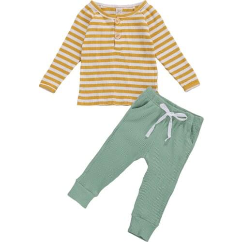 Pudcoco Toddler Baby Girls Boys Clothes Set Kids Ribbed Homewear Colorful Striped Long Sleeve Tops Shirt Pants 2Pcs Outfits Set