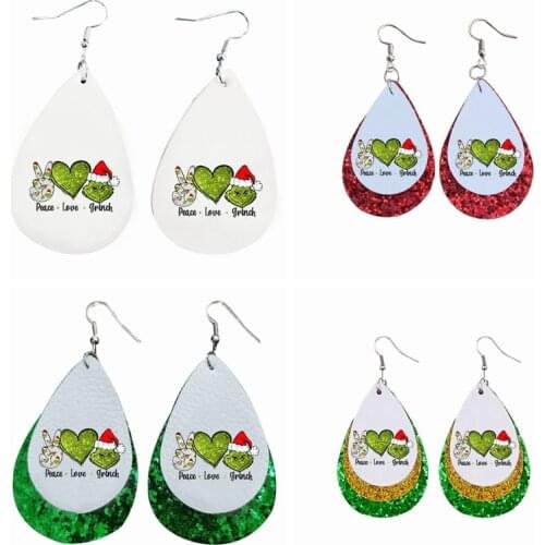 Peace Love Grinch Faux Leather Earrings Two Layers Handmade Bulk Order Wholesale